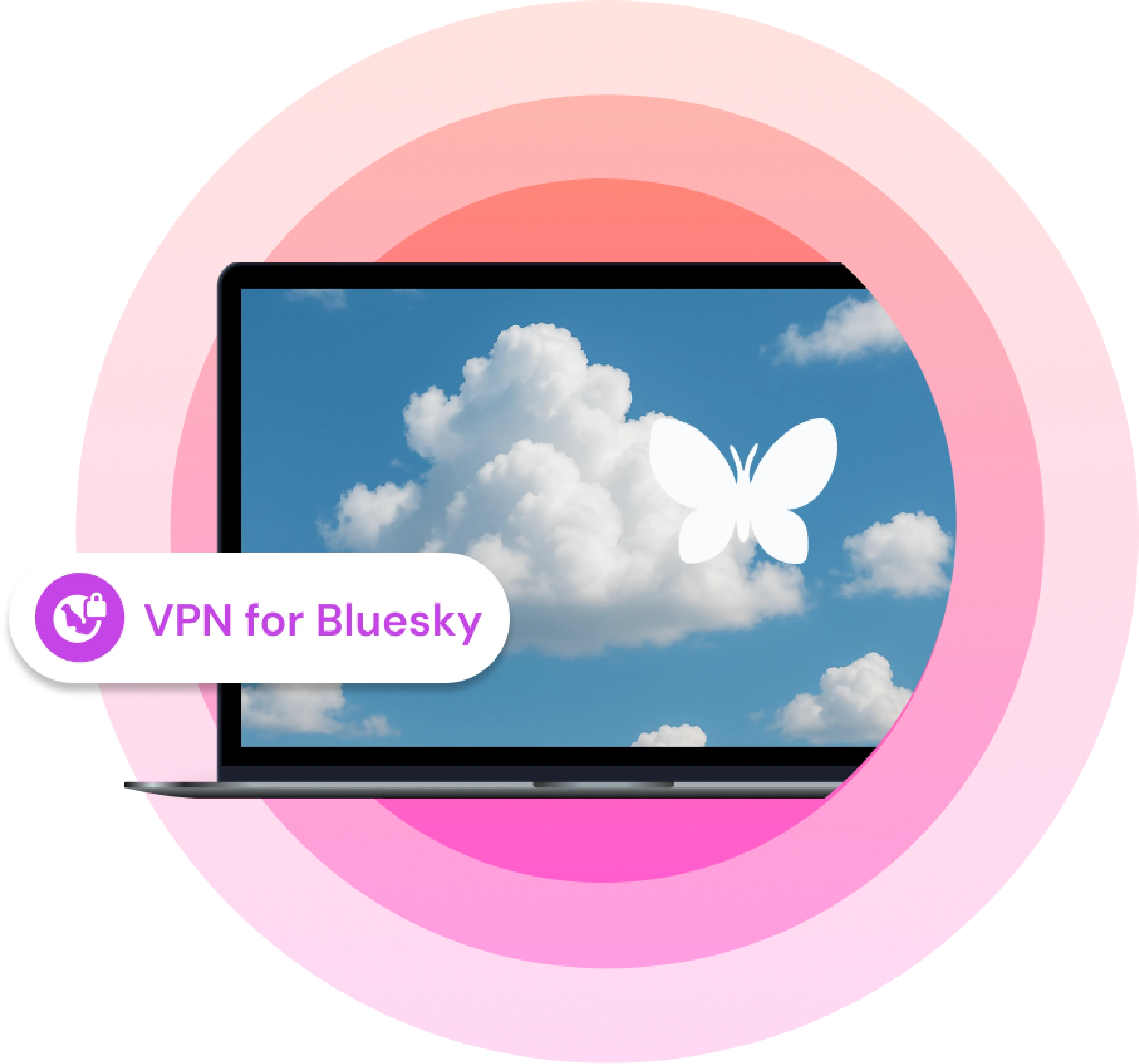 Illustration showing a laptop with a picture of the sky on it with the text "VPN for Bluesky" next to it